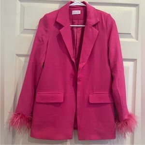 PINK LILY Pink Feather-Trimmed Women's Blazer